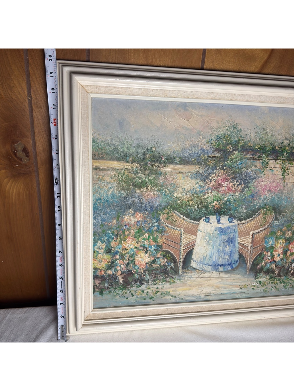 Vintage Oil Painting Floral Garden Patio Signed B. Patel Framed 24 x 20 - Picture 10 of 11